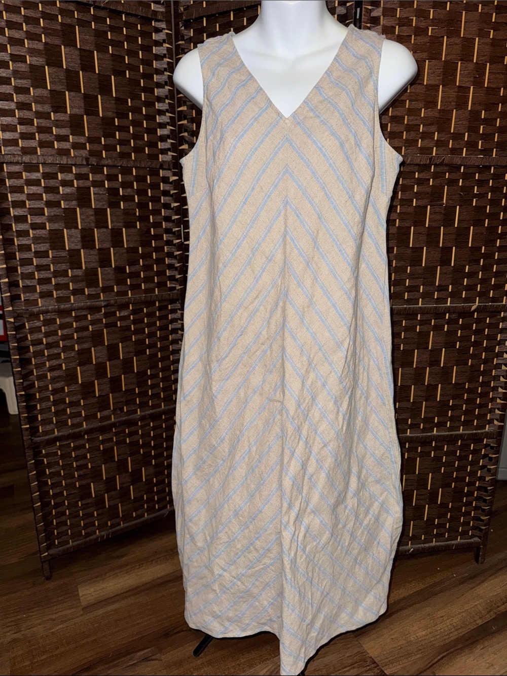 J. Jill Cream Midi Dress with Light Blue Stripes linen blend small